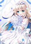  1girl :d bangs bare_shoulders blonde_hair blue_eyes blue_flower blue_hair blue_ribbon blush bouquet bridal_veil collarbone commentary_request detached_sleeves dress flower hair_between_eyes hair_flower hair_ornament holding holding_bouquet indie_virtual_youtuber long_hair multicolored_hair puffy_short_sleeves puffy_sleeves ribbon see-through short_sleeves signature smile solo strapless strapless_dress two-tone_hair uchuuneko uchuuneko_(vtuber) veil very_long_hair virtual_youtuber wedding_dress white_dress white_sleeves 