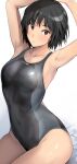  1girl amagami bangs black_hair black_swimsuit blush breasts brown_eyes competition_swimsuit looking_at_viewer medium_breasts mobu nanasaki_ai one-piece_swimsuit parted_lips short_hair simple_background sitting solo swimsuit 