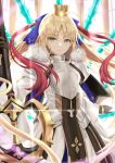  1girl ahoge armor armored_dress artoria_caster_(fate) artoria_caster_(third_ascension)_(fate) artoria_pendragon_(fate) black_gloves black_ribbon blonde_hair blue_bow bow bracelet closed_mouth commentary_request crown dress duplicate fate/grand_order fate_(series) gloves gold_trim green_eyes hair_bow highres jewelry long_hair red_ribbon rhombus ribbon sakurasakimasu4 solo 