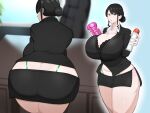 absurdres artificial_vagina ass bikini bikini_under_clothes black_hair blue_eyes blurry blurry_background bottle bra breasts collared_jacket collared_shirt commentary_request curvy formal from_behind fujou_joshi hair_bun highres holding holding_bottle huge_breasts lace-trimmed_bra lace_trim looking_at_viewer looking_back lube midriff_peek mole mole_under_mouth office_lady original parted_lips sex_toy shirt sidelocks single_hair_bun suit swimsuit thick_thighs thighs underwear 