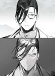  1boy :d closed_mouth fangs fate/grand_order fate_(series) glasses greyscale hair_over_one_eye japanese_clothes jitome kibadori_rue kimono looking_at_viewer male_focus monochrome multiple_views portrait serious short_hair smile yamanami_keisuke_(fate) 
