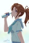  1girl absurdres backlighting blue_neckerchief blue_sailor_collar blue_skirt blurry blurry_background blush bottle brown_hair dated drinking hand_up hibike!_euphonium highres holding holding_bottle kitauji_high_school_uniform long_hair looking_at_viewer looking_to_the_side nakagawa_natsuki neckerchief parted_lips pleated_skirt ponytail purple_eyes sailor_collar school_uniform serafuku shirt short_sleeves signature skirt solo tsunemoku water_bottle white_shirt 