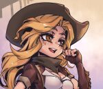 1girl bangs blonde_hair breasts brown_eyes brown_gloves brown_headwear brown_scarf cleavage cowgirl_miss_fortune fingerless_gloves freckles gloves gradient gradient_background hand_up large_breasts league_of_legends long_hair miss_fortune_(league_of_legends) parted_bangs phantom_ix_row scarf shiny shiny_hair short_sleeves solo teeth upper_teeth 