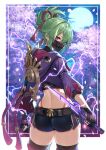  1girl ass bangs black_shorts breasts crop_top genshin_impact gloves green_hair hair_between_eyes hair_ornament highres itou_youichi jacket kuki_shinobu looking_at_viewer mask mouth_mask ninja ninja_mask ponytail purple_eyes purple_jacket short_shorts shorts solo weapon zettai_ryouiki 