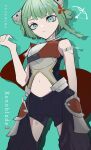  1girl armor braid breastplate clothing_cutout gauntlets green_eyes green_hair haku_(yanhaku) highres juniper_(xenoblade) navel_cutout orange_armor pale_skin shoulder_armor simple_background solo xenoblade_chronicles_(series) xenoblade_chronicles_3 