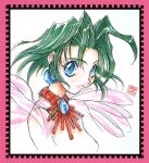  1990s_(style) 1girl blue_eyes border earrings ellis_(toushinden) expressionless green_hair jewelry kotobuki_tsukasa necklace non-web_source official_art pink_border portrait retro_artstyle short_hair sketch solo toushinden upper_body 