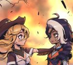  2girls black_hair blonde_hair blush breasts brown_gloves brown_headwear brown_scarf cleavage cowgirl_miss_fortune elbow_gloves explosion eye_contact eyepatch fingerless_gloves freckles from_side gloves grey_hair grey_shirt hand_on_another&#039;s_shoulder high_noon_samira large_breasts league_of_legends long_hair looking_at_another miss_fortune_(league_of_legends) mole mole_above_mouth multiple_girls orange_eyes phantom_ix_row profile samira scarf shiny shiny_hair shiny_skin shirt short_sleeves 