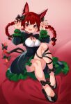  1girl absurdres animal_ears braid cat_ears cat_tail dress full_body highres kaenbyou_rin multiple_tails open_mouth qwas69 red_eyes red_hair sitting smile tail touhou twin_braids 