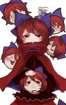  1girl :3 bangs biting black_shirt blue_bow blush bow cloak closed_mouth commentary_request cowboy_shot disembodied_head hair_bow highres holding_head jonasan_(bad-t) long_sleeves one-hour_drawing_challenge open_mouth red_cloak red_eyes red_hair red_skirt sekibanki shirt short_hair simple_background skirt smile solo squiggle touhou wavy_mouth white_background yukkuri_shiteitte_ne 