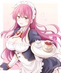  :d apron black_gloves blush breasts character_request cleavage cup flower gloves holding holding_tray large_breasts long_hair looking_at_viewer mahjong_soul maid maid_apron maid_headdress puffy_short_sleeves puffy_sleeves purple_hair red_eyes rui_shi_(rayze_ray) short_sleeves smile teacup tray white_headdress 