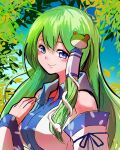  1girl absurdres bangs blue_eyes blush breasts closed_mouth collared_shirt commentary_request detached_sleeves frog_hair_ornament green_hair hair_between_eyes hair_ornament hair_tubes highres jonasan_(bad-t) kochiya_sanae large_breasts long_hair looking_at_viewer one-hour_drawing_challenge shirt single_sidelock sleeveless sleeveless_shirt smile snake_hair_ornament solo touhou tree upper_body white_shirt white_sleeves 
