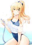  bare_shoulders between_legs blonde_hair blue_scrunchie blue_swimsuit blush breasts character_request cleavage collarbone green_eyes hair_between_eyes hair_ornament hair_scrunchie hairclip hand_between_legs holding holding_hose hose large_breasts long_hair looking_at_viewer mahjong_soul ponytail rui_shi_(rayze_ray) school_swimsuit scrunchie shirt sidelocks smile swimsuit white_shirt 