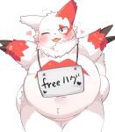  &lt;3 2022 anthro belly big_belly blush japanese_text kemono navel nintendo one_eye_closed overweight pok&eacute;mon pok&eacute;mon_(species) red_body rokacake simple_background solo text video_games white_body wink zangoose 