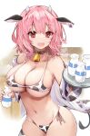  1girl :d animal_ears animal_print bangs bare_shoulders bell black_collar bottle bra breasts cleavage collar collarbone cow_ears cow_horns cow_print cow_tail cowbell efe highres horns large_breasts looking_at_viewer milk_bottle navel off_shoulder open_mouth panties pink_hair red_eyes revision saigyouji_yuyuko smile solo tail thighhighs touhou tray underboob underwear 