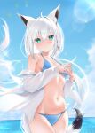  1girl :/ absurdres ahoge animal_ear_fluff animal_ears aqua_eyes bare_shoulders bikini blue_bikini blue_sky blush braid breasts cloud cloudy_sky cowboy_shot dot_nose floating_hair fox_ears fox_girl fox_tail hair_between_eyes halterneck highres hololive long_hair long_sleeves looking_at_viewer miaohik off_shoulder open_clothes open_shirt outdoors own_hands_together shirakami_fubuki shirt side-tie_bikini sky small_breasts solo standing star_(symbol) stomach string_bikini sunlight swimsuit tail thighs virtual_youtuber water white_hair white_shirt 