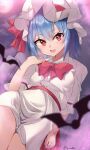  1girl arm_at_side bangs bat blue_hair bow eyelashes_visible_through_hair fang hair_between_eyes hand_up hat hat_ribbon highres katsukare lying mob_cap no_wings on_back open_mouth puffy_short_sleeves puffy_sleeves red_bow red_eyes red_ribbon remilia_scarlet ribbon shirt short_hair short_sleeves signature skirt skirt_set smile solo thighs touhou twitter_username white_shirt white_skirt 