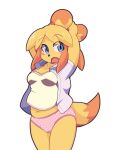  2020 animal_crossing anthro blue_eyes blush breasts canid canine canis changing_clothing cleavage clothed clothing colored_edge_panties crop_top dipstick_tail domestic_dog embarrassed euf-dreamer female fur hi_res isabelle_(animal_crossing) mammal markings navel nintendo open_clothing open_mouth open_shirt open_topwear panties pink_clothing pink_panties pink_underwear polka_dot_panties shih_tzu shirt solo tail_markings topwear toy_dog underwear video_games yellow_body yellow_fur 