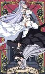  2girls absurdres ahoge arms_behind_back azur_lane bdsm black_dress black_legwear black_vs_white blue_eyes bondage bound breasts dress dual_persona emden_(azur_lane) english_commentary from_side full_body highres large_breasts layered_dress leg_up lock long_dress long_hair multiple_girls padlocked_collar red_eyes shiba_aoki siblings thighhighs twins very_long_hair white_dress white_hair white_legwear 