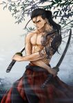  1boy absurdres arm_tattoo black_hair blade43883059 branch chest_tattoo commentary_request dual_wielding fog highres holding holding_sword holding_weapon japanese_clothes katana long_hair male_focus multiple_wielding muscular muscular_male original outdoors shoulder_tattoo solo sword tattoo topless_male weapon 