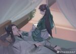  1boy 1girl back bed bush curtains dress facial_mark forehead_mark from_behind green_dress hair_ribbon hand_on_another&#039;s_face highres long_hair long_sleeves ponytail ribbon second-party_source sitting skirt sleeping white_skirt xian_jian_qi_xia_zhuan_(series) xian_jian_qi_xia_zhuan_7 yue_qinghe yue_qingshu_(xian_jian_qi_xia_zhuan_7) 