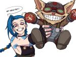  1boy 1girl arcane:_league_of_legends arcane_jinx arm_tattoo bare_shoulders black_gloves black_shirt blue_nails bomb braid brown_fur d_(xxl30433461) fingerless_gloves gloves goggles grey_background grin helmet highres holding holding_bomb jinx_(league_of_legends) league_of_legends lifting_person long_hair looking_at_viewer nail_polish pink_eyes pink_nails shiny shiny_hair shirt shoes simple_background smile speech_bubble tattoo teeth twin_braids twintails vest yordle ziggs 