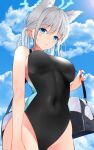  1girl animal_ear_fluff animal_ears bag blue_archive blue_eyes blush breasts covered_navel earrings grey_hair halo highres holding holding_bag jewelry large_breasts medium_hair mismatched_pupils one-piece_swimsuit outdoors parted_lips shiroko_(blue_archive) shiroko_(swimsuit)_(blue_archive) sidelocks solo swimsuit ton_ton_tontoro wolf_ears 
