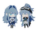 2girls :d arknights astesia_(arknights) astgenne_(arknights) black_legwear blue_dress blue_eyes blue_hair blue_shirt chibi closed_eyes diamond-shaped_pupils diamond_(shape) dress full_body goggles goggles_on_head hair_between_eyes hair_ornament hands_up iwis light_blush looking_at_another multiple_girls open_mouth ponytail shirt siblings simple_background sisters skirt smile standing symbol-shaped_pupils thighhighs two-tone_dress white_background white_dress white_skirt 