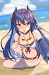  1girl absurdres bangs bare_shoulders bikini blue_bikini blue_hair blue_sky blue_sleeves blurry blurry_background blush breasts cloud collarbone commentary_request day depth_of_field detached_sleeves hair_between_eyes hair_ornament hairclip highres horizon horns iseshi layered_bikini long_hair long_sleeves navel ocean open_mouth outdoors princess_connect! pulled_by_self red_eyes rei_(princess_connect!) see-through single_detached_sleeve sky small_breasts solo strap_pull sweat swimsuit twisted_torso very_long_hair water 