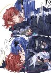  2girls arknights blue_hair blue_tongue colored_tongue demon_horns detached_wings exusiai_(arknights) french_kiss fur-trimmed_hood fur_trim halo highres hood horns jacket kiss lying mostima_(arknights) multiple_girls na_tarapisu153 on_back red_hair saliva short_hair tongue tongue_out white_jacket wings yuri 