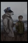  2022 anon2000000 anthro brown_hair canid canine canis clothing coat detailed_background digital_media_(artwork) digital_painting_(artwork) domestic_dog duo female fur grass_field green_clothing green_jacket green_topwear hair hand_in_pocket hat headgear headwear hi_res holding_object human humanoid jacket lake male mammal military painted_background pockets pond soldier standing taller_female topwear warrior white_body white_clothing white_coat white_fur white_jacket white_skin white_topwear winter_coat winter_jacket 