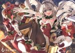  1girl bangs banned_artist blue_eyes box breasts christmas cleavage dress elbow_gloves fur_trim gift gift_box gloves grey_hair long_hair looking_at_viewer medium_breasts open_mouth original pantyhose parsley-f red_footwear smile solo strapless strapless_dress white_gloves 