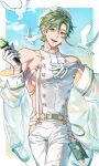  1boy beads bird detached_sleeves gem gloves green_eyes green_hair half_gloves hands_on_own_chest highres holding holding_microphone idol long_sleeves looking_at_viewer male_focus microphone nu_carnival olivine_(nu_carnival) pigeon see-through see-through_sleeves short_hair smile tassel white_gloves white_headwear yoture23 