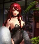  1girl breasts choker drill_hair esther_shen fur_trim kirijou_mitsuru large_breasts lingerie lipstick long_hair looking_to_the_side makeup persona persona_3 plant red_eyes red_hair smile solo underwear 