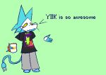  anthro blue_hair clothed clothing darkner deltarune digital_media_(artwork) english_text felid feline female fingers firefa floating_hands fur hair machine mammal open_mouth robot simple_background smile solo tasque_manager text undertale_(series) video_games yellow_eyes yiik 