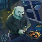  amberclopedia appliance blue_eyes bowl chin clothed clothing container cooking cookware faucet frying_pan fully_clothed fur hi_res humanoid inside kitchen kitchen_utensils lamp male mammal moon night polar_bear solo stove tools ursid ursine white_body white_fur 