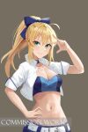  1girl ahoge artoria_pendragon_(fate) bandeau belt blonde_hair blue_choker bow breasts choker cleavage closed_mouth collarbone commission cropped_jacket fate/grand_order fate_(series) green_eyes grey_background hair_bow hand_on_hip hand_up high_collar highres jacket loli_hooker long_hair looking_at_viewer medium_breasts midriff navel open_clothes open_jacket ponytail race_queen short_sleeves simple_background smile solo stomach strapless tube_top upper_body white_jacket 