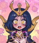  1girl bangs black_hair blush breasts cape cleavage gradient gradient_background hair_ornament hand_up heart league_of_legends leblanc_(league_of_legends) looking_at_viewer medium_breasts medium_hair open_mouth phantom_ix_row shiny shiny_hair solo sweat teeth upper_teeth yellow_eyes 