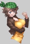  1girl :d absurdres arm_under_breasts bandana blue_eyes breasts brown_hair brown_jacket clenched_hand commentary cropped_torso grey_background highres jacket juuou_gorilla_(kemono_friends) kemono_friends large_breasts long_sleeves looking_at_viewer open_mouth shirt short_sleeves simple_background smile solo tanabe_(fueisei) upper_body yellow_shirt 