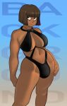  big_breasts big_bulge bikini black_bikini black_clothing black_swimwear breasts brown_eyes brown_hair bulge capydiem clothing dark_body dark_skin digital_media_(artwork) hair hi_res human intersex looking_away mammal pose smile solo swimwear 