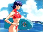  1990s_(style) bangs bikini blue_hair bracelet carrying carrying_under_arm cowboy_shot day flipped_hair hand_on_hip jewelry kickboard navel nishino_risa non-web_source ocean official_art outdoors profile red_bikini retro_artstyle short_hair standing swimsuit water yamada_masaki zenkoku_seifuku_bishoujo_grand_prix 