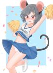  1girl alternate_costume animal_ears arm_up armpits bangs blue_background blue_skirt blush bright_pupils cheerleader clothes_writing confetti dakuazu grey_hair highres holding holding_pom_poms looking_at_viewer midriff mouse_ears mouse_tail navel nazrin outside_border panties pantyshot pom_pom_(cheerleading) red_eyes shirt short_hair simple_background skirt solo tail touhou underwear white_footwear white_panties white_pupils white_shirt 