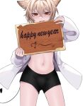  1boy absurdres androgynous animal_ears axescr blonde_hair blush boxers brown_eyes cat_boy cat_ears coat demon_boy demon_tail happy_new_year highres long_sleeves looking_at_viewer male_focus male_underwear open_mouth original short_hair smile solo tail teeth underwear white_background 