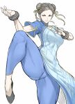  1girl anagumasan blue_pants bracelet breasts brown_eyes china_dress chinese_clothes chun-li closed_mouth double_bun dress earrings fighting_stance fingernails hair_bun highres jewelry leg_up lips looking_away medium_breasts pants shiny shiny_hair shoes short_sleeves simple_background smile solo street_fighter street_fighter_6 white_background 
