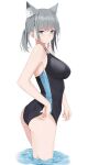  1girl :/ animal_ear_fluff animal_ears ass bangs bare_arms blue_archive blue_eyes blush breasts competition_swimsuit crossed_bangs earrings from_side grey_hair highres jewelry kuyoumi large_breasts one-piece_swimsuit ponytail shiroko_(blue_archive) shiroko_(swimsuit)_(blue_archive) sidelocks simple_background solo swimsuit swimsuit_tug thighs two-tone_swimsuit wading water white_background 