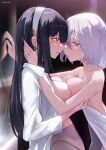  2girls arm_support bangs bare_arms black_hair blurry blurry_background blush breast_press collared_shirt earrings fiona_frost from_side grey_eyes grey_hair hairband hand_on_another&#039;s_arm hand_on_another&#039;s_head highres jewelry long_hair long_sleeves looking_at_another multiple_girls mumu_mago open_mouth red_eyes shirt short_hair spy_x_family standing swept_bangs symmetrical_docking twitter_username upper_body white_hairband white_shirt yor_briar yuri 