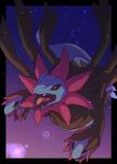  black_border black_sclera blurry border colored_sclera commentary_request fangs flying gradient gradient_background highres hydreigon ktyon3 open_mouth pokemon pokemon_(creature) purple_eyes tongue 