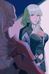  2girls absurdres alternate_hair_color armor artist_request bangs breasts byleth_(fire_emblem) byleth_(fire_emblem)_(female) cape closed_mouth edelgard_von_hresvelg enlightened_byleth_(female) fire_emblem fire_emblem:_three_houses fire_emblem_warriors:_three_hopes green_eyes green_hair hair_ornament highres large_breasts long_hair long_sleeves looking_at_viewer medium_hair multiple_girls navel pantyhose red_cape white_hair yuri 