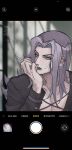  1boy absurdres bangs blurry blurry_background cat cigarette cross-laced_cutout ebisawa_ebibibi fake_screenshot frown grey_hair hand_on_own_chin hand_up hat head_on_hand highres holding holding_cigarette italian_text jojo_no_kimyou_na_bouken leone_abbacchio lipstick long_hair long_sleeves looking_at_viewer makeup male_focus parted_bangs parted_lips pectoral_cleavage pectorals phone_screen smoke smoking solo v-shaped_eyebrows vento_aureo yellow_eyes 