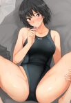  1girl amagami bangs black_hair black_swimsuit blush breasts brown_eyes closed_mouth collarbone commentary_request competition_swimsuit condom hair_between_eyes holding holding_condom looking_at_viewer mobu nanasaki_ai navel one-piece_swimsuit short_hair small_breasts smile solo spread_legs sweat swimsuit 