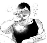  1boy bara black_hair blush dog_tags heart heavy_breathing idolmaster idolmaster_side-m jacket looking_at_viewer male_focus mitosansan monochrome muscular muscular_male open_mouth penetration_gesture sexually_suggestive shingen_seiji short_hair sleeves_rolled_up sweat tank_top tongue tongue_out 
